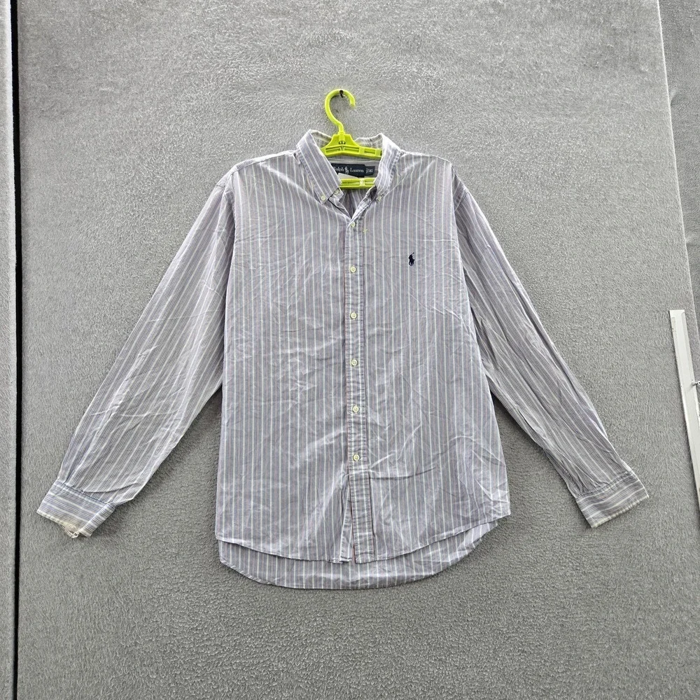 Ralph Lauren Men Button Up Shirt XL Blue Embroidered Striped READ